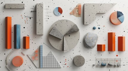 Modern infographics stylized as concrete. Statistics Business 3d Pie Chart, Bars, Strips, Steps and Options. Business Infographic creative design made of concrete shapes