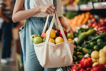 Woman buy fruits and vegetables at local farmers market. Reusable cotton eco bags for shopping with fresh fruits. Sustainable, zero waste lifestyle, Generative AI 