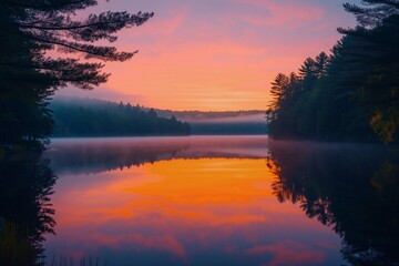 Fototapeta premium A sunrise with hues of orange and pink reflecting on a serene lake, surrounded by mist-covered trees in the background