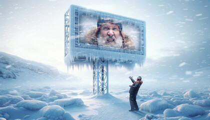 Tourism advertisement for unique ice tour, arctic experience. Man gestures to billboard with frozen...