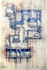 Generative AI, Blue print floor plan, architectural background, technical draw, vertical format	
