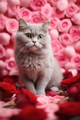 Valentine card with cute kitten. Funny kitten for Valentine's Day with hearts and flowers. Copy space