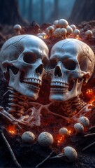 Apocalypse time, extinction of humanity. Human burned skeletons in the fire after war. AI generative illustration - obrazy, fototapety, plakaty