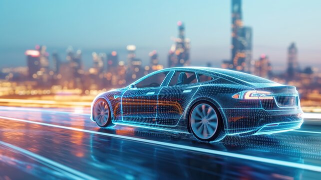 An electric car drives through the digital landscape