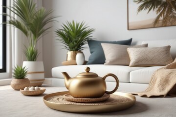 Fototapeta na wymiar Modern minimal home interior design. Pillows, golden teapot, decorative straw plates, Scandinavian blanket, tropical palm tree, succulent and decorations