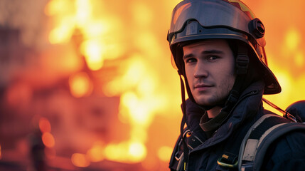 A firefighter on the background of a fire