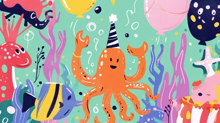 Foto auf Acrylglas Meeresleben Adorable sea critters unite for a cheerful birthday party.