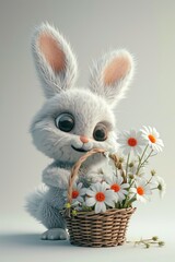 Bunny with a fluffy coat and a basket of flowers