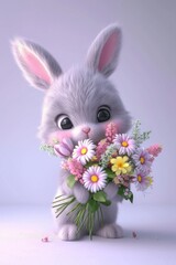 Adorable illustration of a bunny with a basket of spring flowers