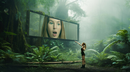 Woman pointing to billboard in misty jungle with giant shocked face, surrounded by lush greenery....