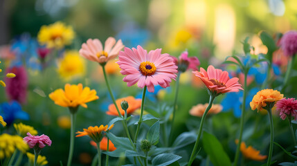 A blooming flower garden, with vibrant colors as the background, during a warm summer morning