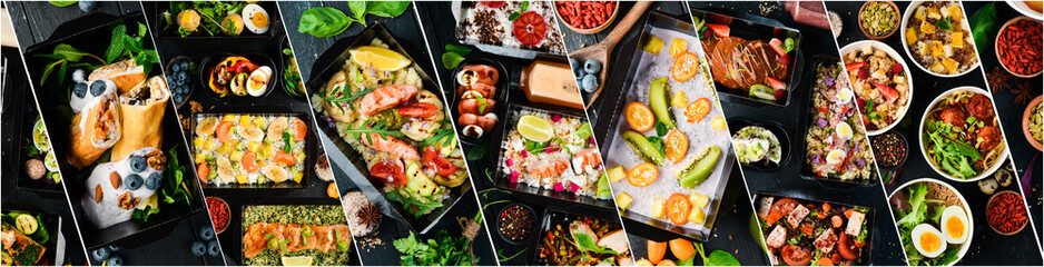 Photo collage. The concept of a balanced diet. Healthy take away food and drinks in disposable eco friendly paper containers. Photo banner for a food site. - obrazy, fototapety, plakaty