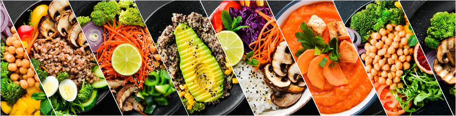 Photo collage of dietary dishes and healthy food. A set of dishes in plates. Photo banner for a food site. - Powered by Adobe