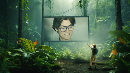Eco-tourism campaign encouraging exploration of rainforests. Explorer in jungle points to billboard with his smiling face in glasses. Advertisement for documentary on the life of explorers