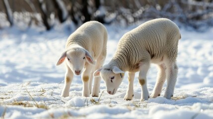 Young Lambs Frolicking in Snowy Field