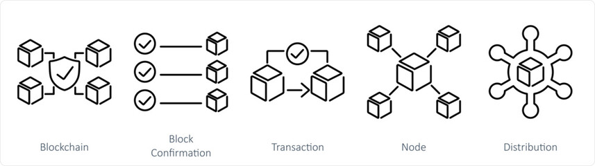 A set of 5 Blockchain icons as blockchain, block confirmation, transaction