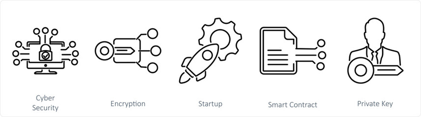 A set of 5 Blockchain icons as cyber security, encryption, startup