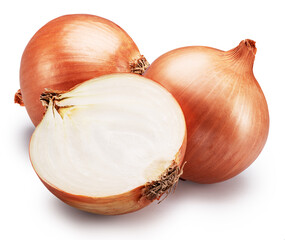Onion bulb and cross section of onion isolated on white background. File contains clipping paths.