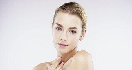 Face of woman, natural beauty or skincare in studio for wellness with aesthetic confidence or glow. Facial dermatology, clean or portrait of model with pride or results isolated on white background