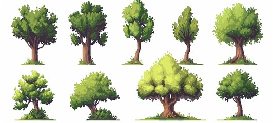 Set of pixel art trees, varying in shapes and sizes, perfect for digital landscapes or video game environments, showcasing a charming collection of green foliage and textured trunks. - obrazy, fototapety, plakaty