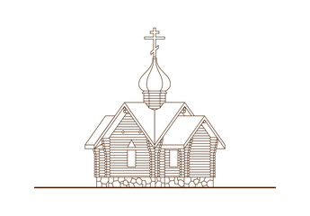 Line sketch of wooden church isolated on white background. Historical architectural building with dome and cross. Ancient temple in rustic style. Vector illustration.