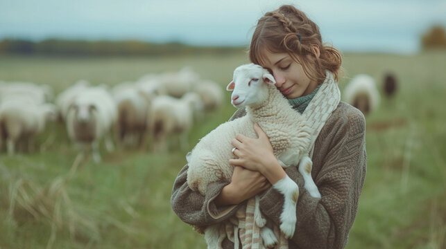 Una chica trabajando en una granja sostiene entre sus brazos una oveja