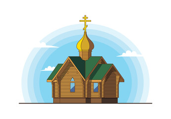 Wooden church on background of blue sky with clouds. Historical architectural building with golden dome and cross. Religious theme. Vector illustration.