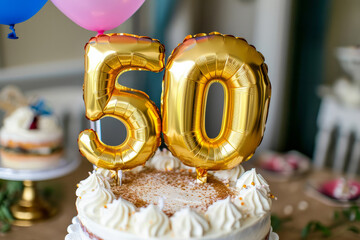 Happy 50th birthday. Gold helium 50 birthday balloons on a birthday cake - obrazy, fototapety, plakaty