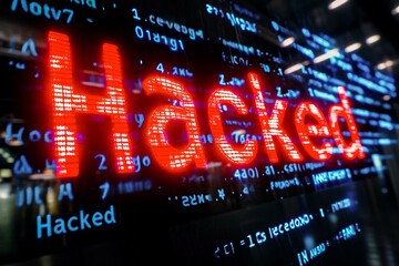 A powerful image showing the word 'hacked' with red alarm signal on digital data background, symbolizing cybersecurity breach or attack.