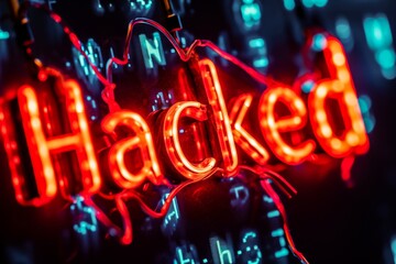 A striking image of the word 'Hacked' in neon red against a dark digital backdrop, symbolizing a cybersecurity breach.