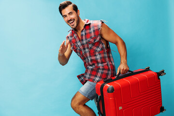 Vacation man travel flight traveler baggage happy background trip studio journey suitcase
