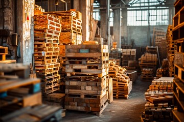 A storage warehouse full of stacked wooden pallets, showcasing an organized industrial environment for logistics and shipping. - obrazy, fototapety, plakaty