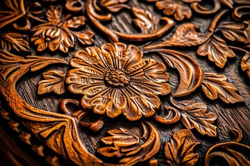 Close-up of a beautiful and intricate wooden carving with a floral pattern, showcasing traditional craftsmanship.