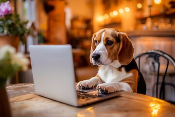 A cute beagle dog sitting at a table, curiously using a laptop as if working or browsing, in a cozy indoor setting.