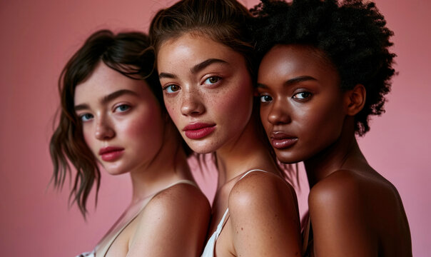 Three diverse women with neutral make up, glossy lips  and natural skin tones at studio
