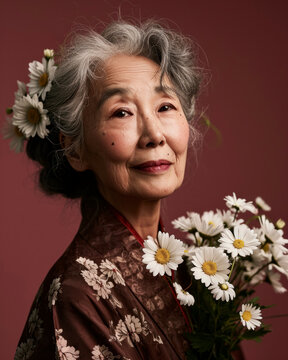  Serene asian elder woman in kimono with white hair adorned with spring daisies and a bouquet