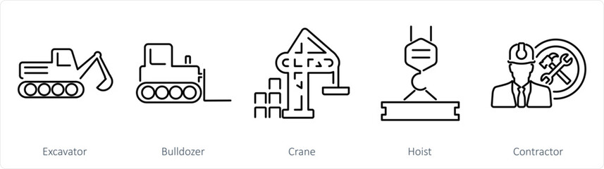 A set of 5 Build icons as excavator, bulldozer, crane © popcornarts