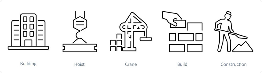 A set of 5 Build icons as building, hoist, crane
