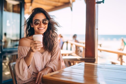 A beautiful young brunette woman drinking watermelon juice while sitting in the beach cafe