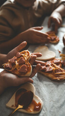 Mother's Day, mom and children in the kitchen making pizza, happy family concept