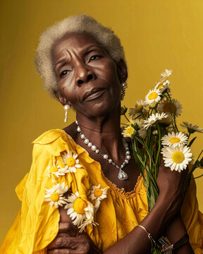 African-american senior woman with wreath of  spring flowers at studio with yellow background, cultural pride