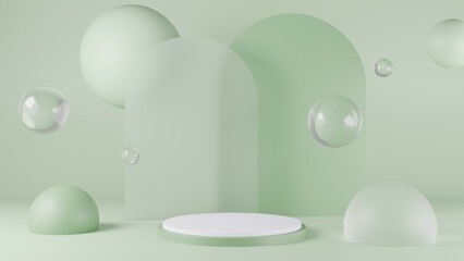 3D Rendering pastel green background with podium , Abstract wallpaper water drop bubble 