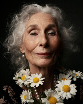 Sophisticated senior woman with maturity facial expresion and blossom spring flowers bouquet, delicate and charismatic feminity