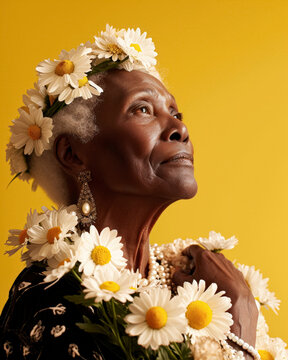 Black senior woman with wreath of spring flowers at studio with yellow background, cultural pride