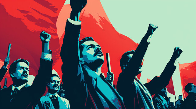 Socialism illustration with red background, people protest, humanitarian, dictatorship