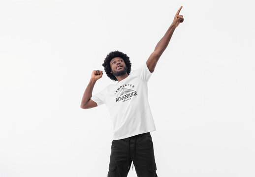 Mockup of man wearing customizable t-shirt, pointing