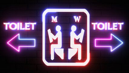 Restroom arrow pointer, silhouette of a man and a woman. Arrow direction toilet signs in neon lights . Glowing WC toilet neon sign on bricks wall background. In and out sign