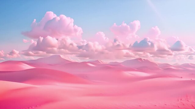 Beautiful desert landscape with white clouds moving in the wind. Abstract fantastic desert dune in seasoning landscape with arches, panoramic, futuristic scene with copy space, blue sky and cloudy. mp