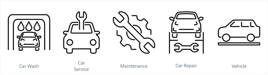 A set of 5 Car icons as car wash, car service, maintenance