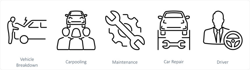 A set of 5 Car icons as vehicle breakdown, carpooling, maintenance